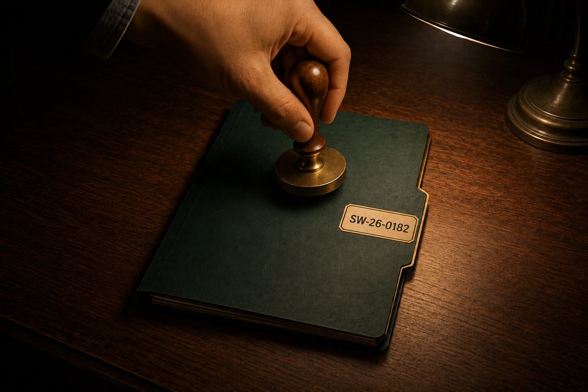 A case file folder being closed and sealed on a desk.