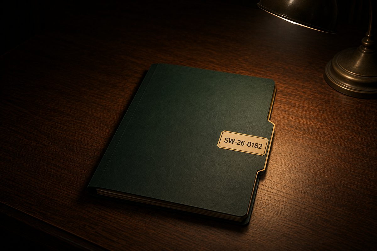 A closed case file folder for SW-26-0182 on a desk, about to be opened.